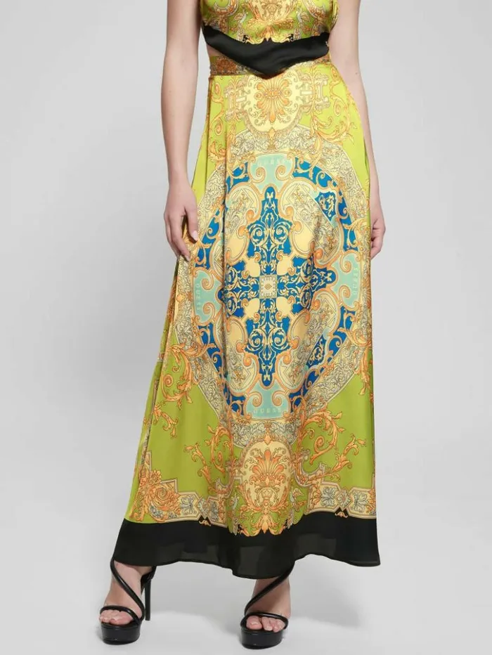 Women GUESS Bottoms Athena Satin Maxi Skirt Baroque Lime
