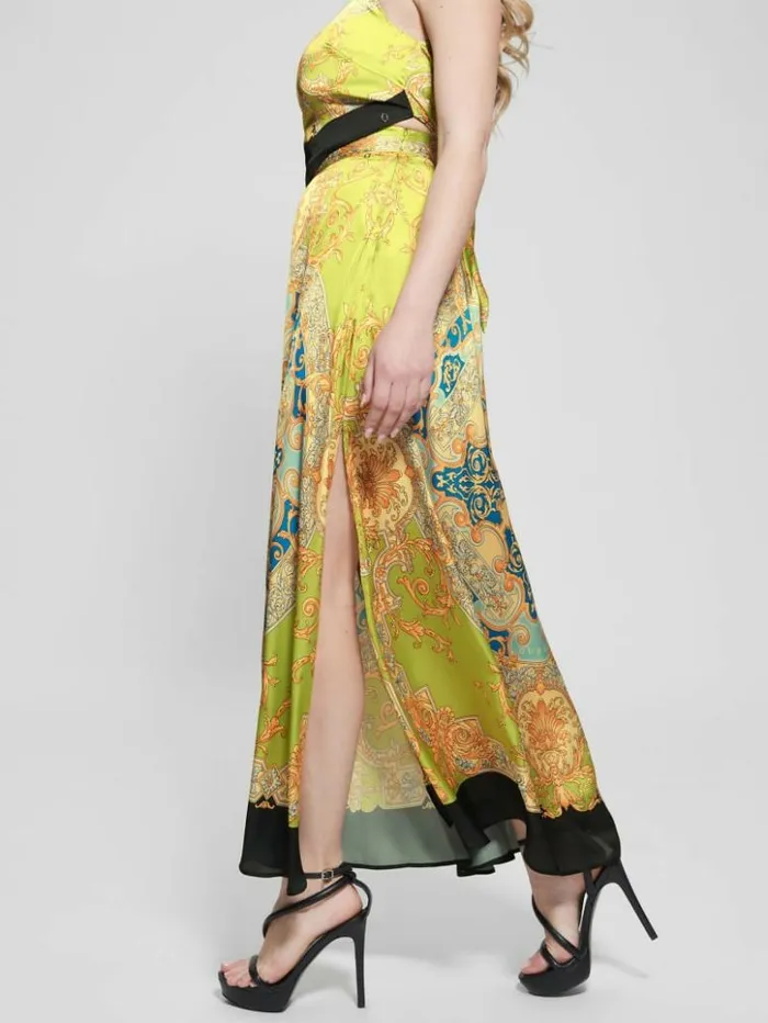 Women GUESS Bottoms Athena Satin Maxi Skirt Baroque Lime