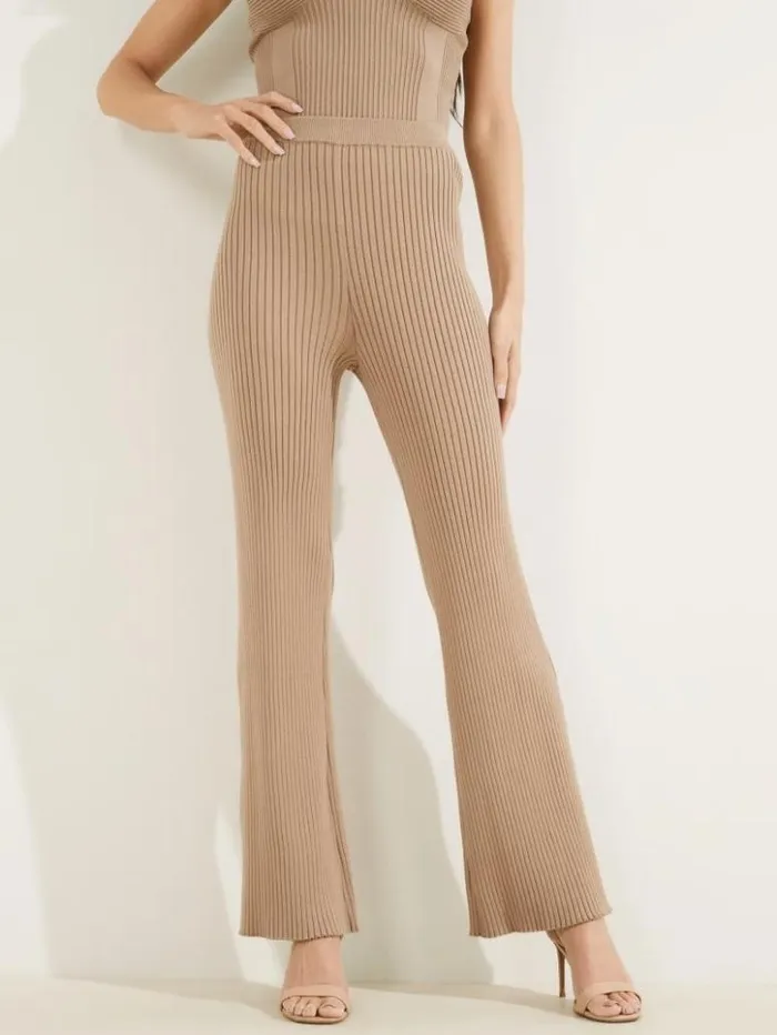 Women GUESS Bottoms Eco Colette RibKnit Wide Leg Pant Summer Clay