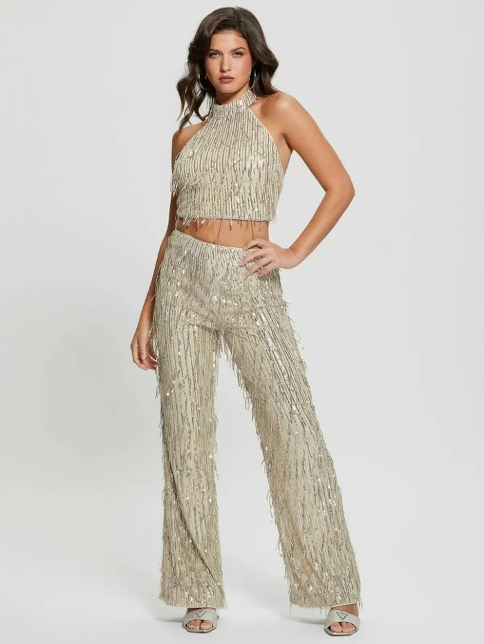 Women GUESS Bottoms Heidi Sequin Fringe Pants Off White Multi