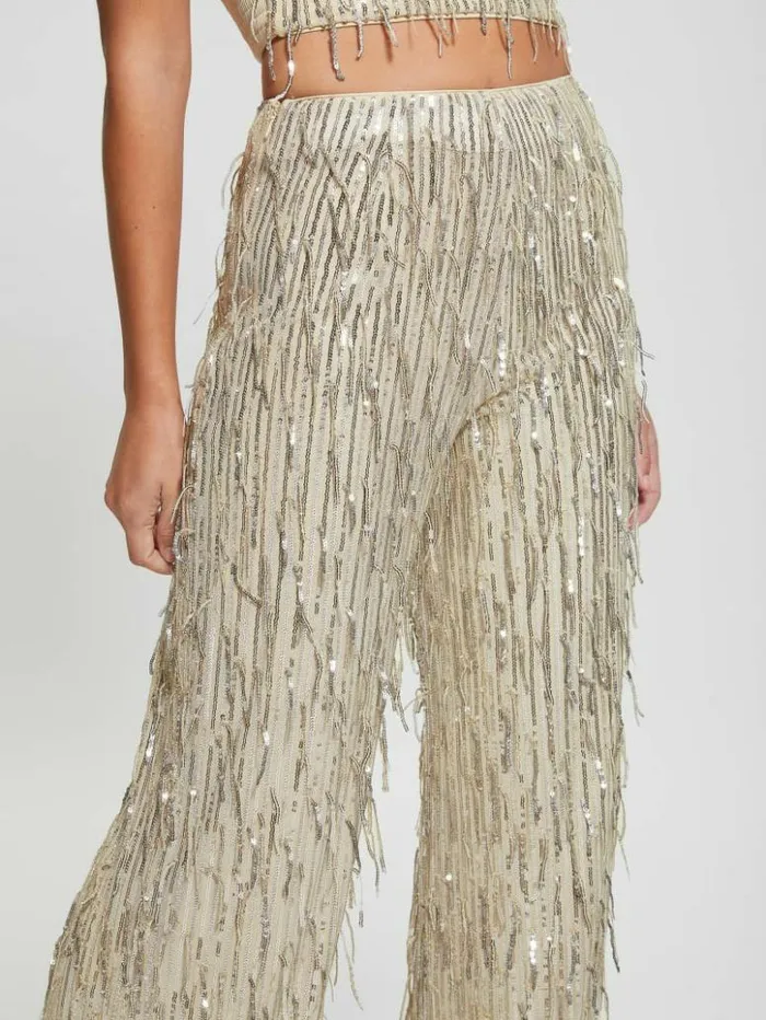 Women GUESS Bottoms Heidi Sequin Fringe Pants Off White Multi