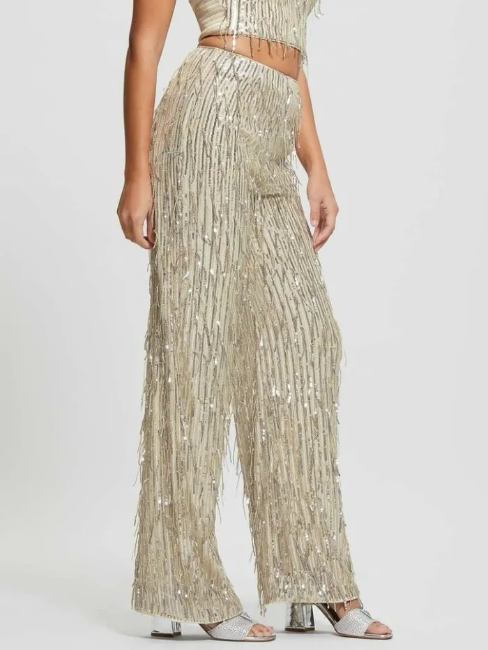 Women GUESS Bottoms Heidi Sequin Fringe Pants Off White Multi