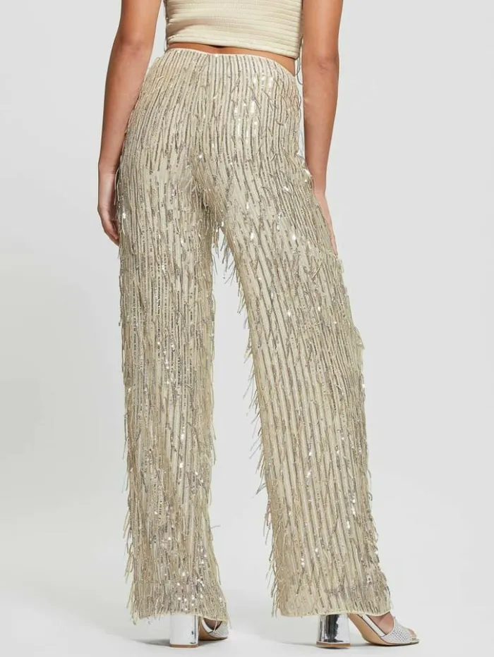 Women GUESS Bottoms Heidi Sequin Fringe Pants Off White Multi