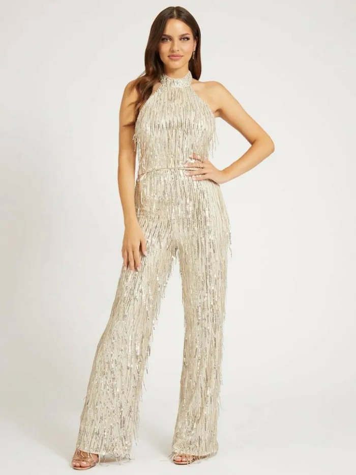 Women GUESS Bottoms Heidi Sequin Fringe Pants Off White Multi
