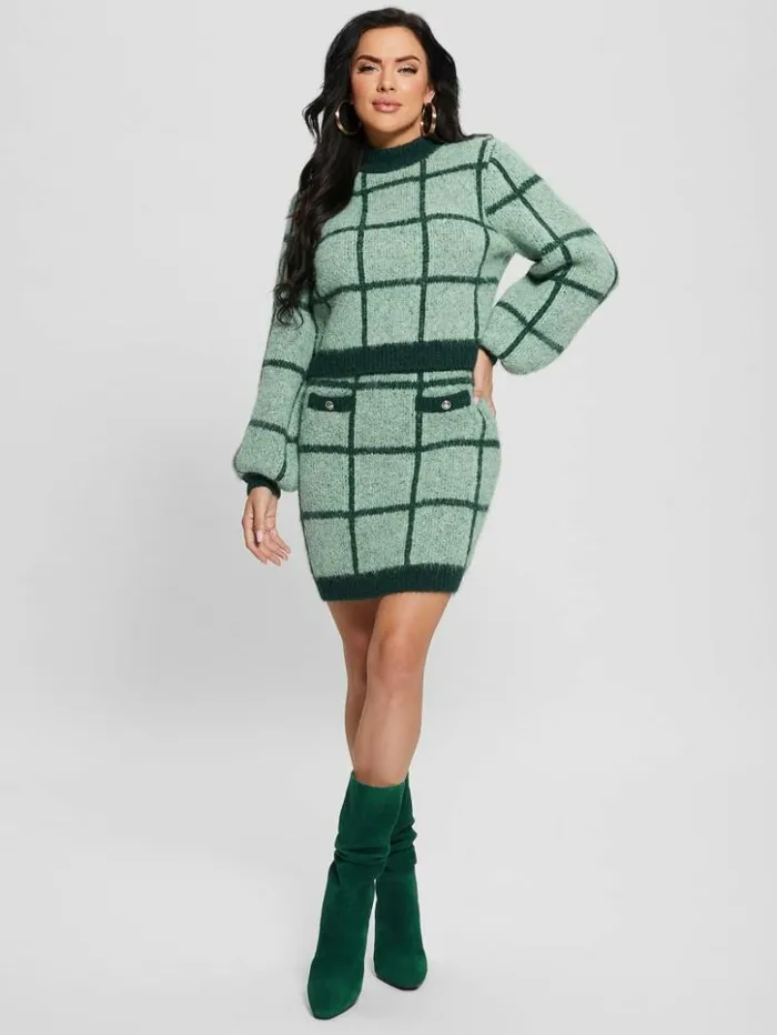 Women GUESS Bottoms Nadia Plaid Sweater Skirt Green Check