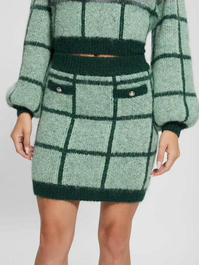 Women GUESS Bottoms Nadia Plaid Sweater Skirt Green Check