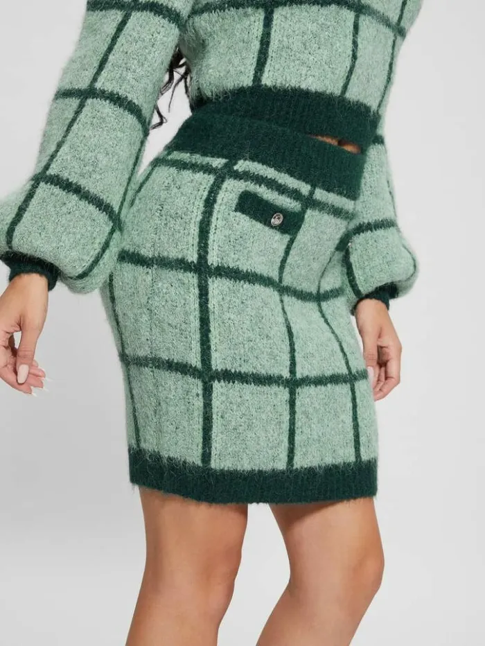 Women GUESS Bottoms Nadia Plaid Sweater Skirt Green Check