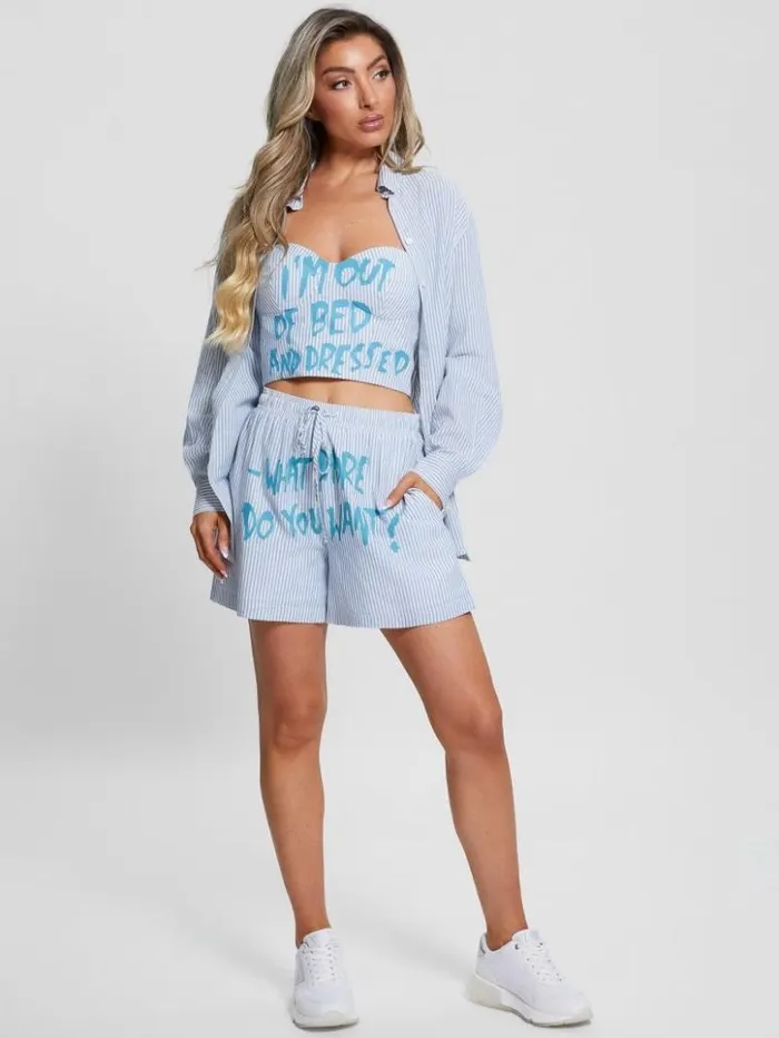 Women GUESS Bottoms Striped Gingham Slogan Shorts All I Do Is Chambray Mult