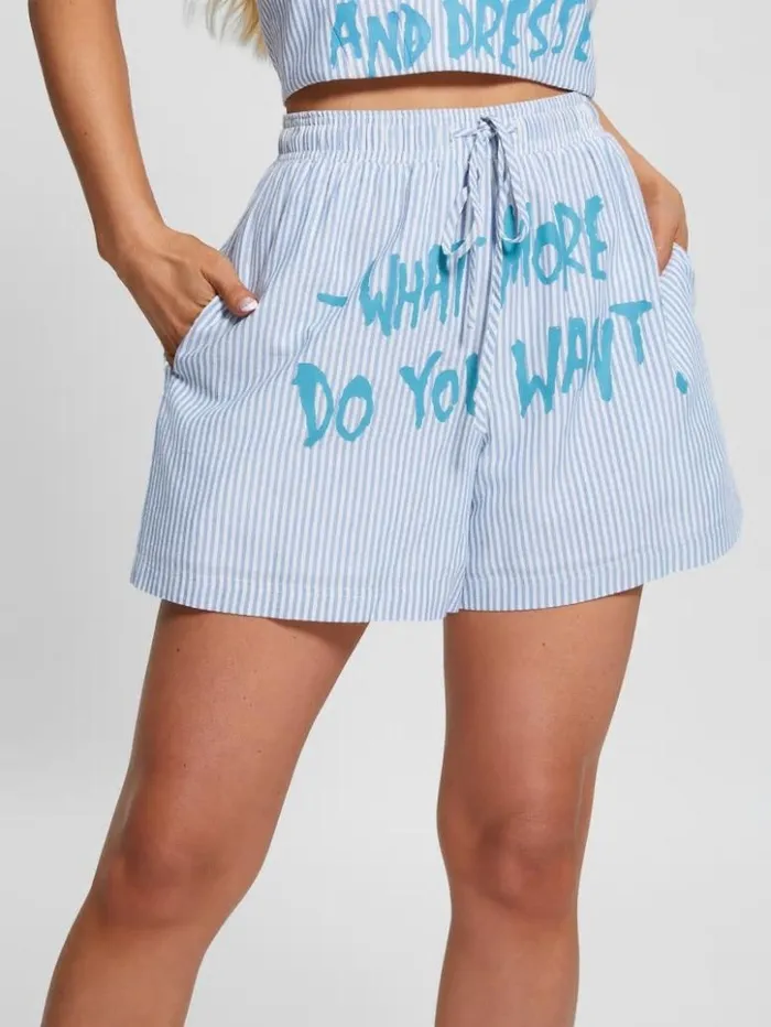 Women GUESS Bottoms Striped Gingham Slogan Shorts All I Do Is Chambray Mult