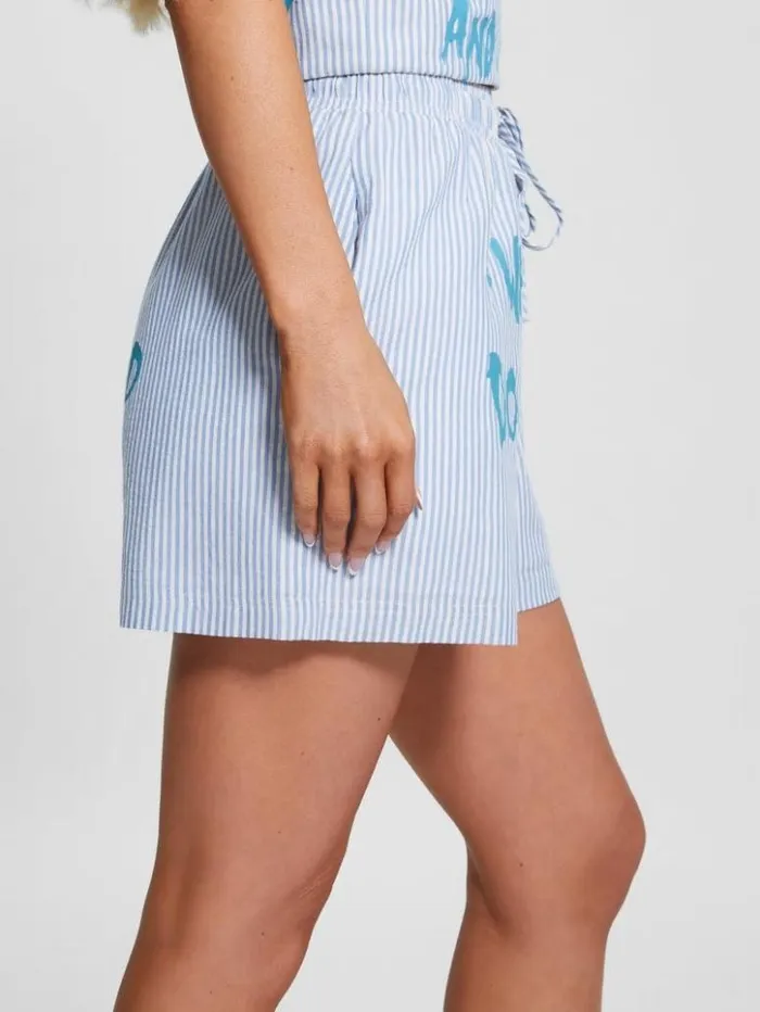 Women GUESS Bottoms Striped Gingham Slogan Shorts All I Do Is Chambray Mult