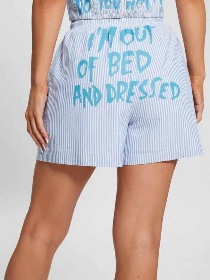 Women GUESS Bottoms Striped Gingham Slogan Shorts All I Do Is Chambray Mult