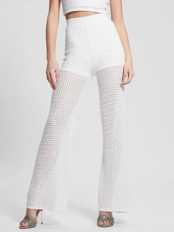 Women GUESS Bottoms Yasmina Wide Leg Sweater Pants Dove White