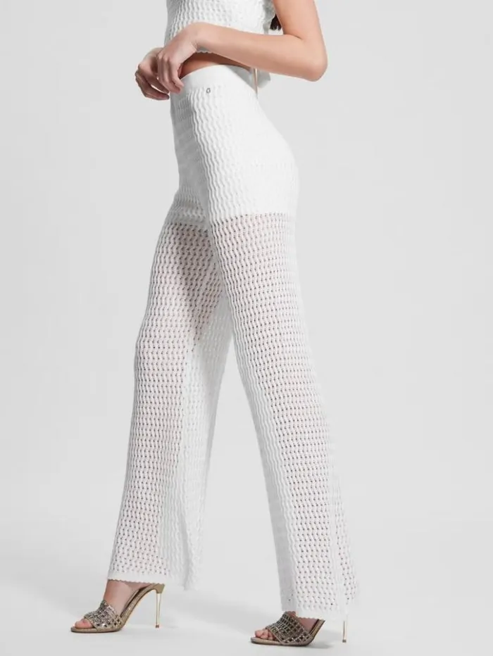 Women GUESS Bottoms Yasmina Wide Leg Sweater Pants Dove White