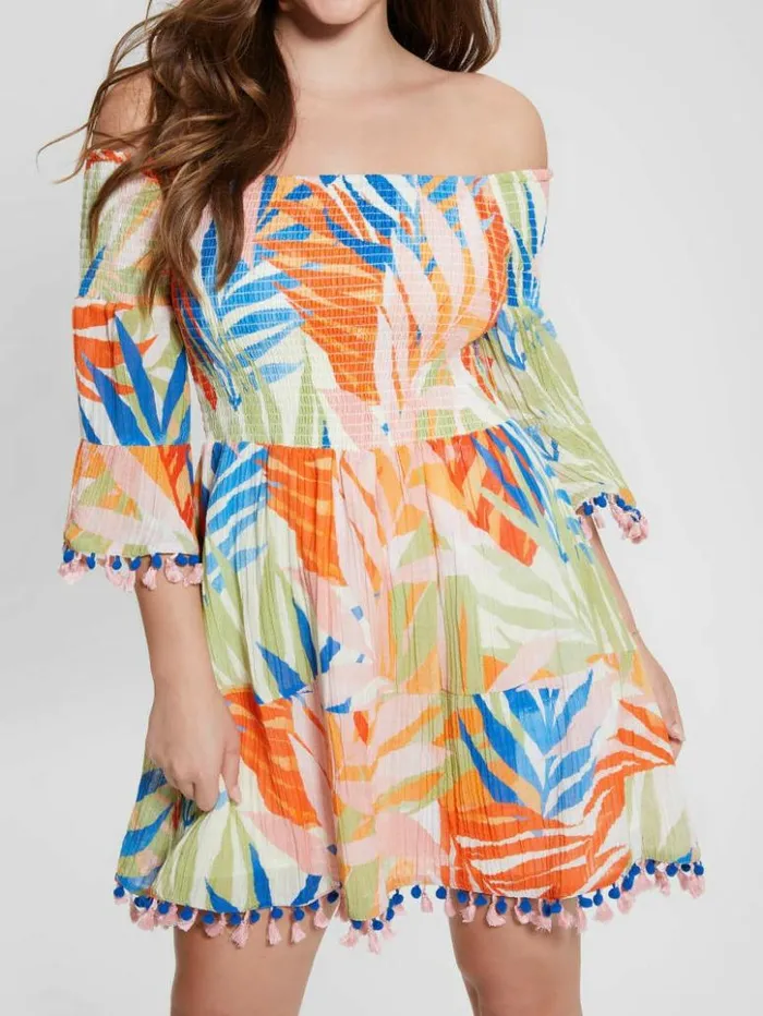 Women GUESS Dresses and Jumpsuits Eco Charlotte OfftheShoulder Sun Dress Havana Print Women GUESS Dresses and Jumpsuits Eco Charlotte OfftheShoulder Sun Dress Havana Print
