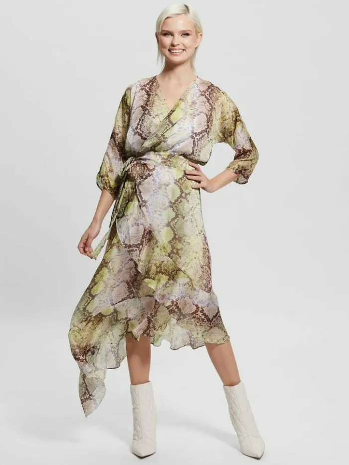 Women GUESS Dresses and Jumpsuits Eco Ensley Wrap Dress Glam Snake Print
