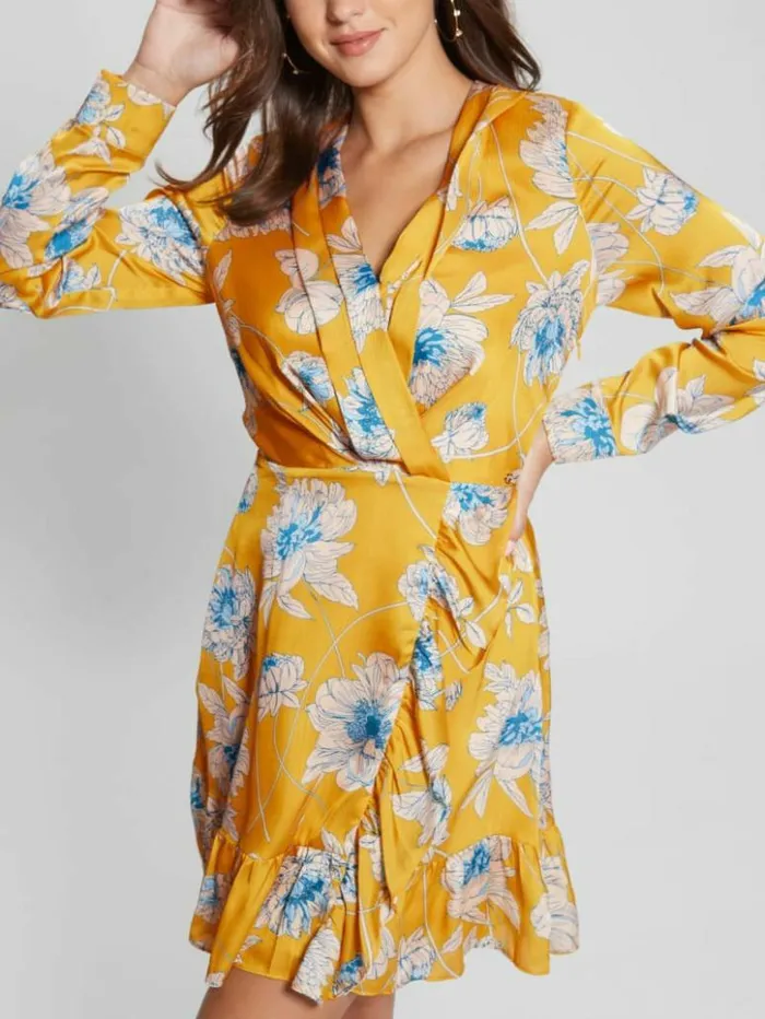 Women GUESS Dresses and Jumpsuits Eco Mimosa Printed Dress Golden Bloom Print Women GUESS Dresses and Jumpsuits Eco Mimosa Printed Dress Golden Bloom Print
