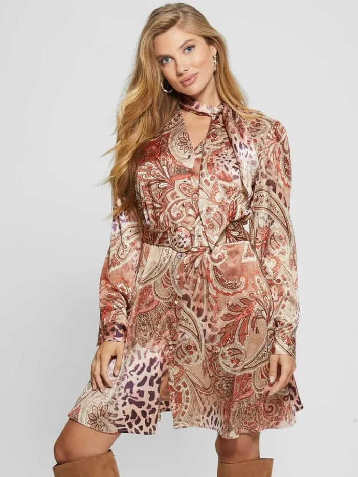 Women GUESS Dresses and Jumpsuits Eco Mirielle Printed Satin Dress Red Multi Pattern Women GUESS Dresses and Jumpsuits Eco Mirielle Printed Satin Dress Red Multi Pattern