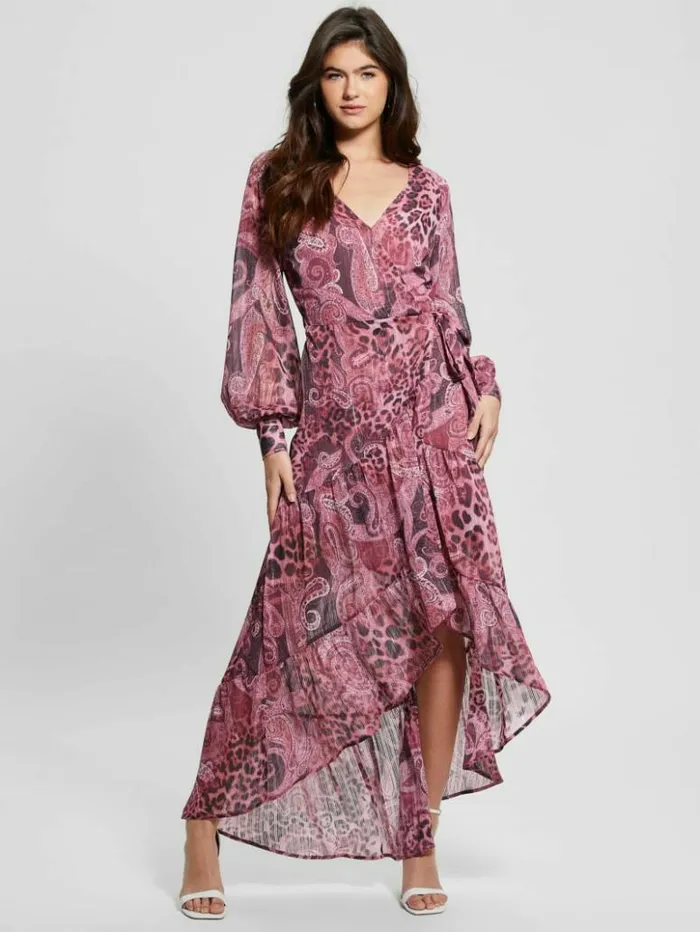 Women GUESS Dresses and Jumpsuits Eco Nuovo Bahia Wrap Maxi Dress Purple Kashmir Print Women GUESS Dresses and Jumpsuits Eco Nuovo Bahia Wrap Maxi Dress Purple Kashmir Print