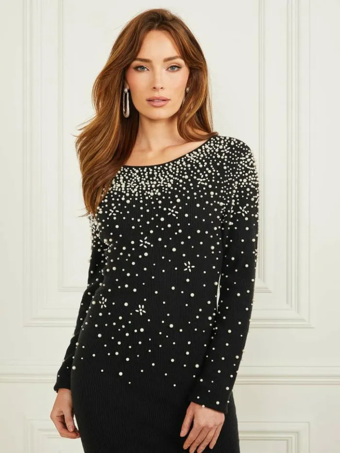 Women GUESS Dresses and Jumpsuits Kim Pearls Sweater Dress Downey Heather