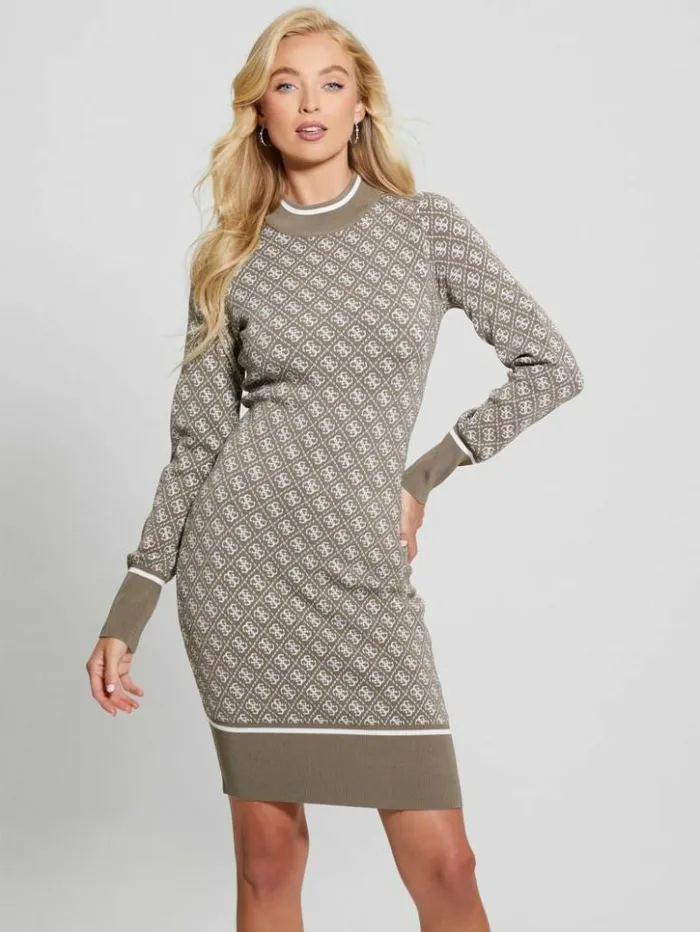 Women GUESS Dresses and Jumpsuits Lise Quattro G Sweater Dress Travertine And Cream Comb