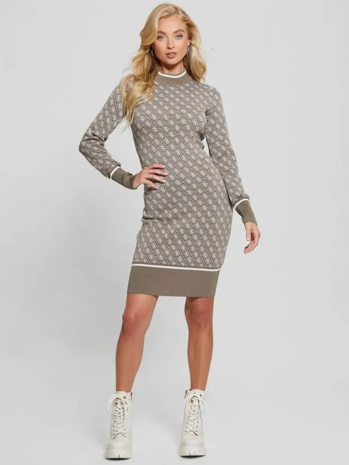 Women GUESS Dresses and Jumpsuits Lise Quattro G Sweater Dress Travertine And Cream Comb Women GUESS Dresses and Jumpsuits Lise Quattro G Sweater Dress Travertine And Cream Comb