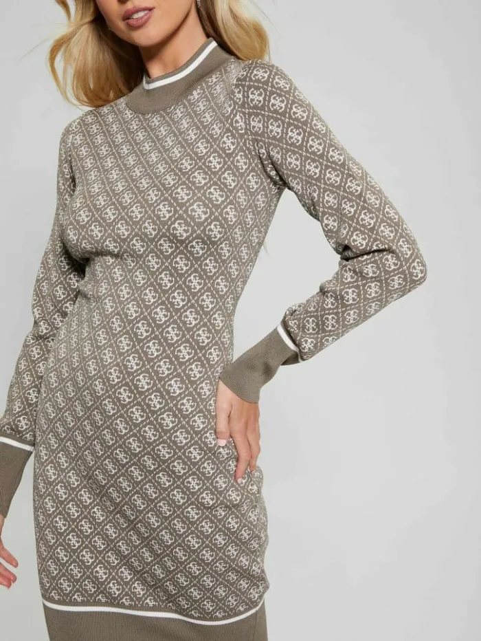 Women GUESS Dresses and Jumpsuits Lise Quattro G Sweater Dress Travertine And Cream Comb Women GUESS Dresses and Jumpsuits Lise Quattro G Sweater Dress Travertine And Cream Comb