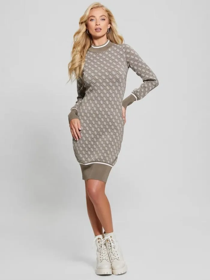 Women GUESS Dresses and Jumpsuits Lise Quattro G Sweater Dress Travertine And Cream Comb Women GUESS Dresses and Jumpsuits Lise Quattro G Sweater Dress Travertine And Cream Comb