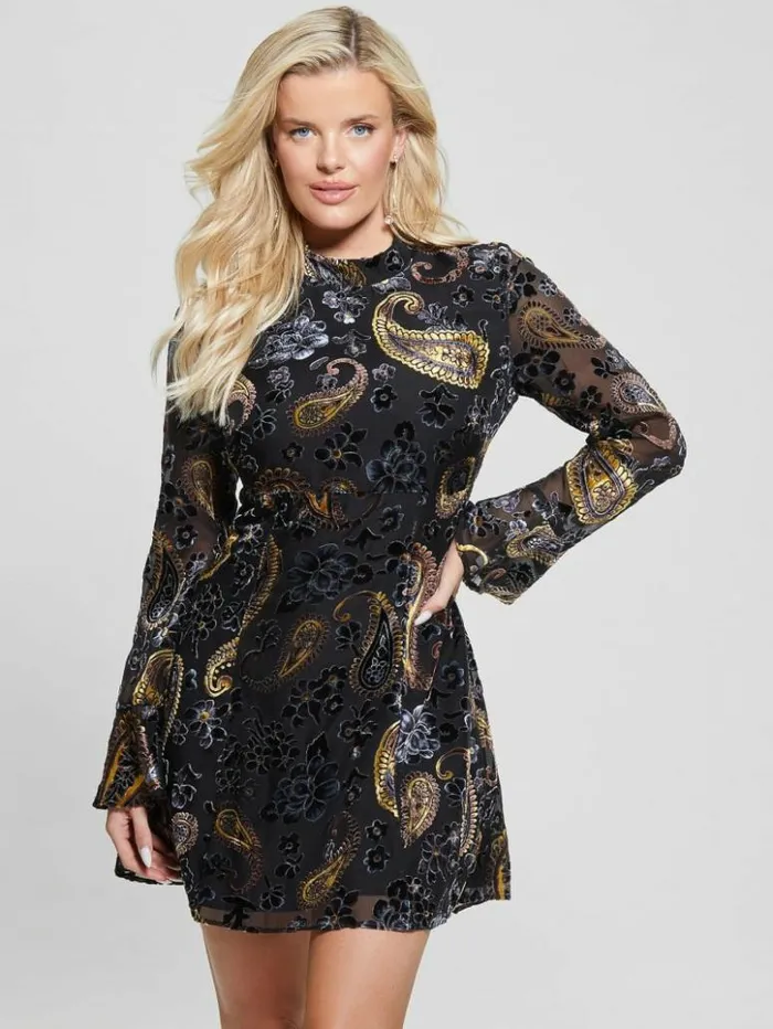 Women GUESS Dresses and Jumpsuits Marina Velvet Paisley Dress Jet Black Multi Women GUESS Dresses and Jumpsuits Marina Velvet Paisley Dress Jet Black Multi