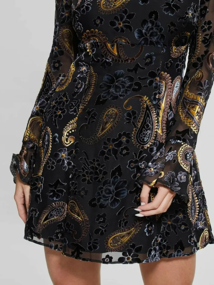 Women GUESS Dresses and Jumpsuits Marina Velvet Paisley Dress Jet Black Multi Women GUESS Dresses and Jumpsuits Marina Velvet Paisley Dress Jet Black Multi