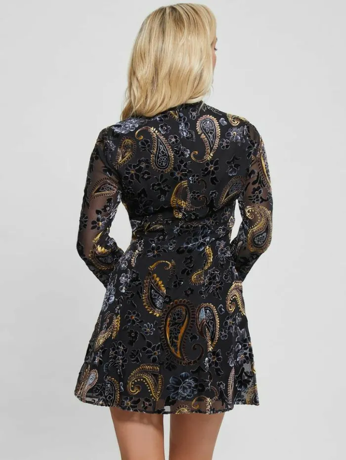 Women GUESS Dresses and Jumpsuits Marina Velvet Paisley Dress Jet Black Multi Women GUESS Dresses and Jumpsuits Marina Velvet Paisley Dress Jet Black Multi