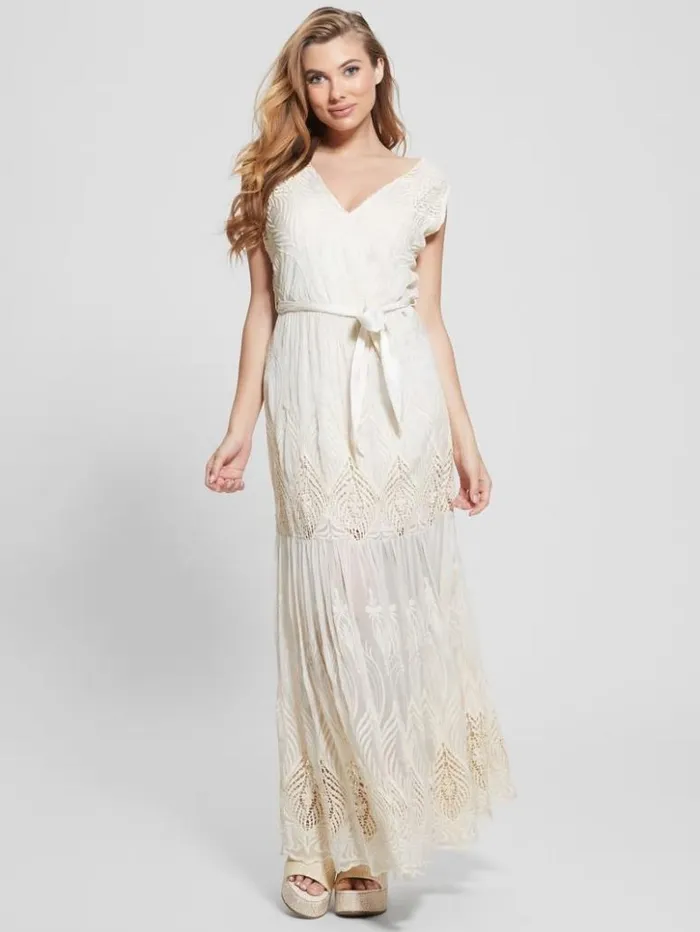 Women GUESS Dresses and Jumpsuits Pam Embroidered Long Dress Cream White