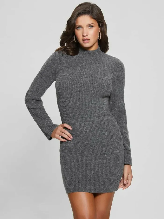 Women GUESS Dresses and Jumpsuits Toki Mock Neck Sweater Dress Dark Coal Heather Women GUESS Dresses and Jumpsuits Toki Mock Neck Sweater Dress Dark Coal Heather