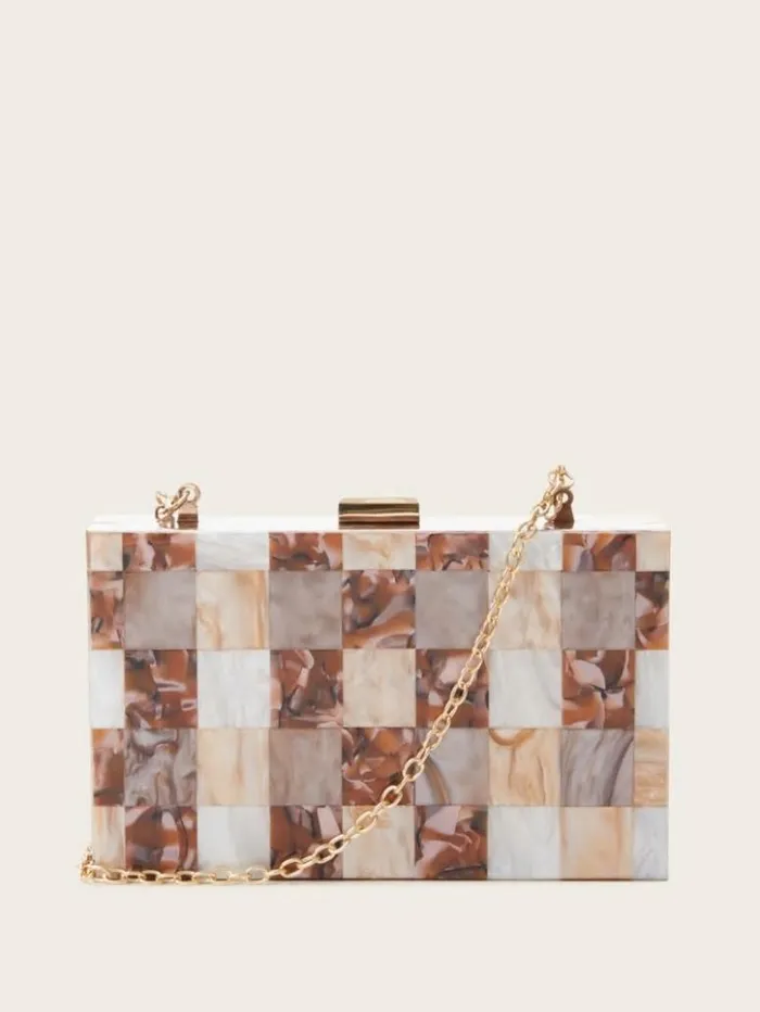 Women GUESS Handbags Checkered Ginger Lucite Clutch Ginger