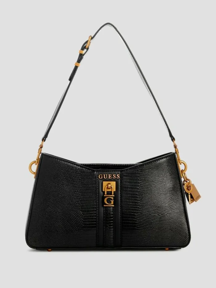 Women GUESS Handbags Ginevra Elite Shoulder Bag Black Floral Print