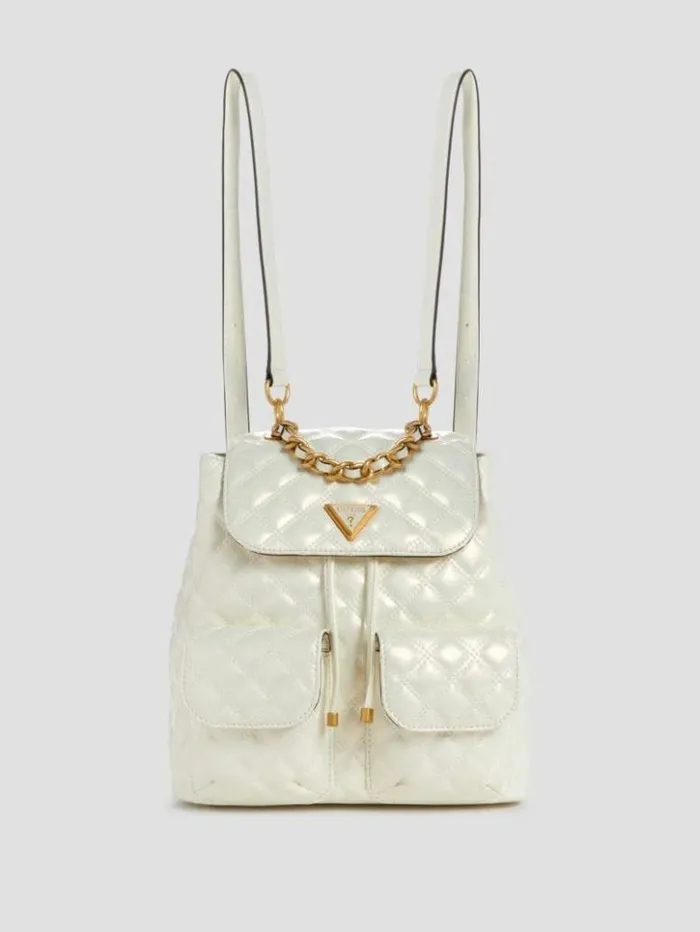Women GUESS Handbags Giully Quilted Backpack Ivory