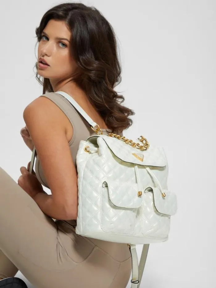 Women GUESS Handbags Giully Quilted Backpack Ivory