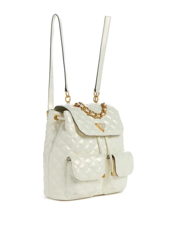 Women GUESS Handbags Giully Quilted Backpack Ivory