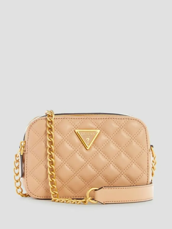 Women GUESS Handbags Giully Quilted Camera Crossbody Beige Overflow