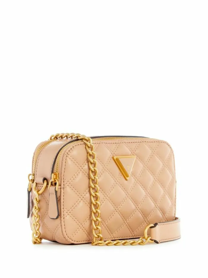Women GUESS Handbags Giully Quilted Camera Crossbody Beige Overflow