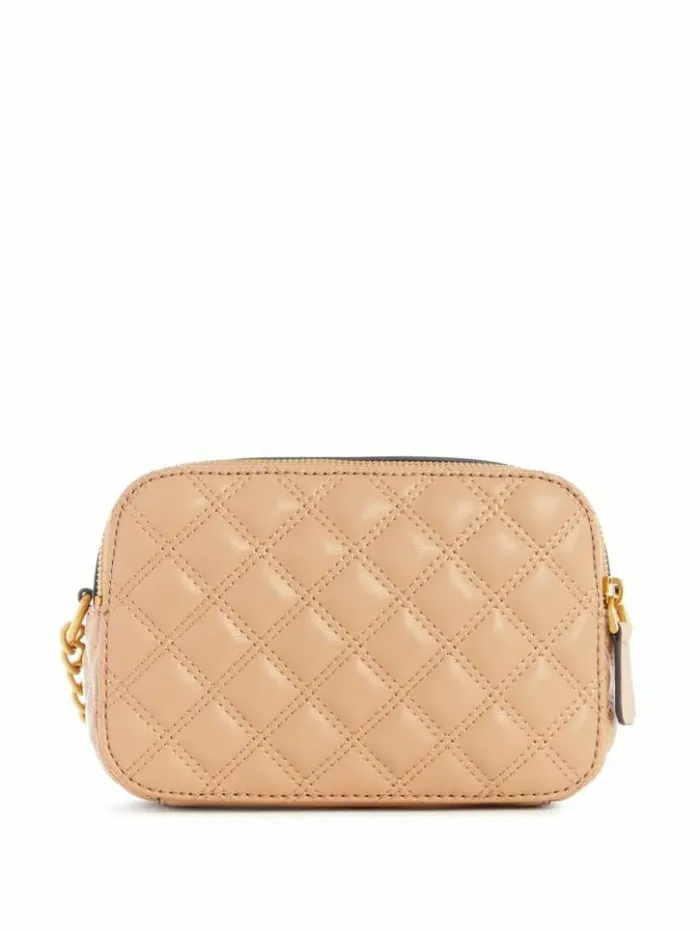 Women GUESS Handbags Giully Quilted Camera Crossbody Beige Overflow