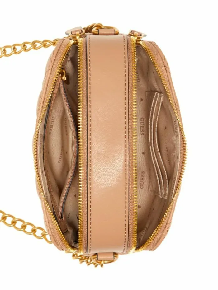 Women GUESS Handbags Giully Quilted Camera Crossbody Beige Overflow