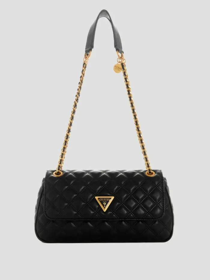 Women GUESS Handbags Giully Quilted Convertible Crossbody Black Floral Print