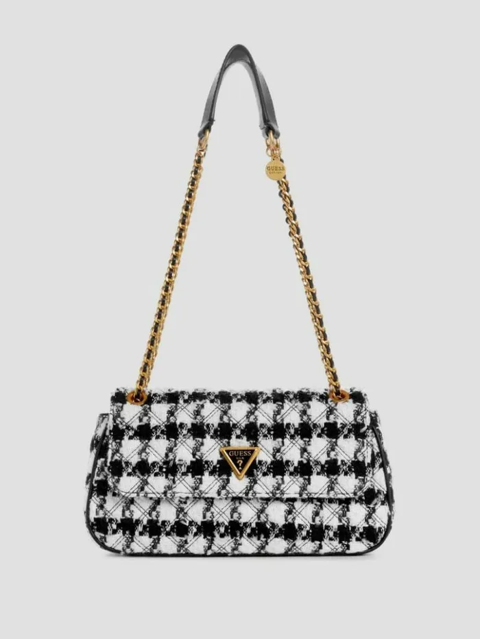 Women GUESS Handbags Giully Tweed Convertible Crossbody Marble Blkwht