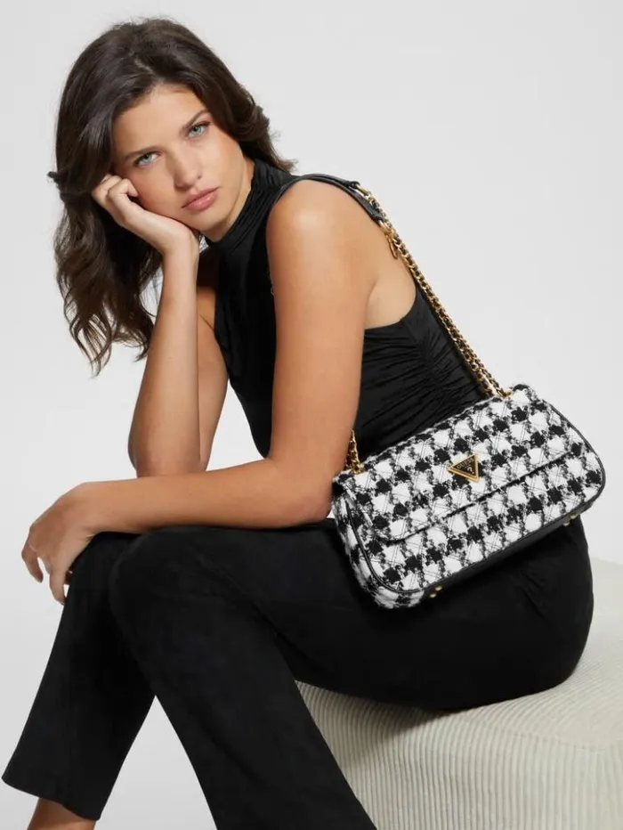 Women GUESS Handbags Giully Tweed Convertible Crossbody Marble Blkwht