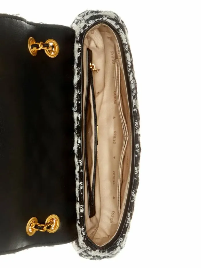 Women GUESS Handbags Giully Tweed Convertible Crossbody Marble Blkwht