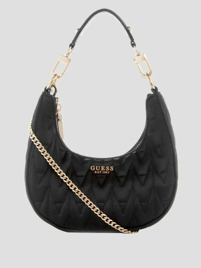 Women GUESS Handbags Golden Rock Mini Crescent Hobo Bag Black Floral Print