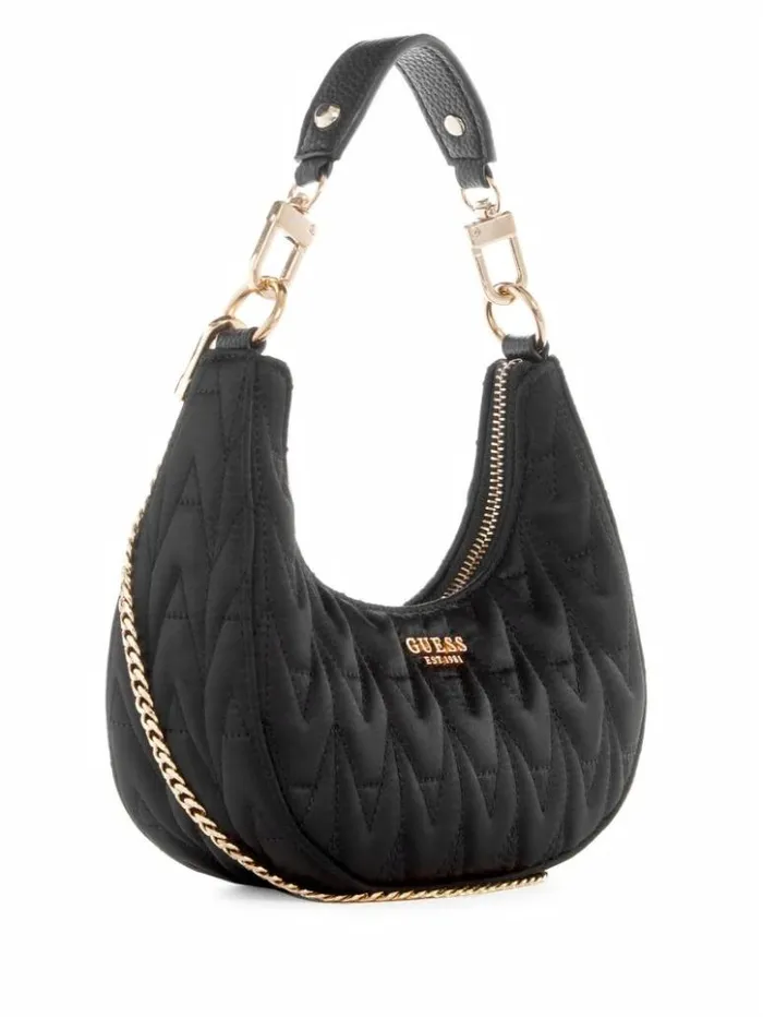 Women GUESS Handbags Golden Rock Mini Crescent Hobo Bag Black Floral Print