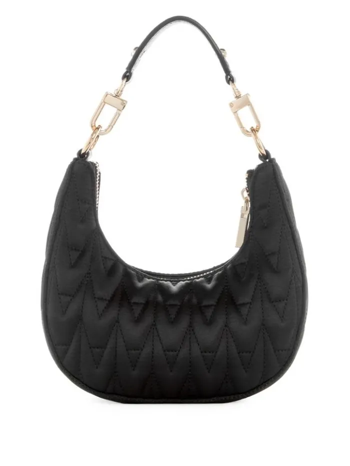 Women GUESS Handbags Golden Rock Mini Crescent Hobo Bag Black Floral Print