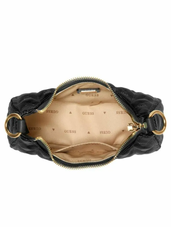 Women GUESS Handbags Golden Rock Mini Crescent Hobo Bag Black Floral Print