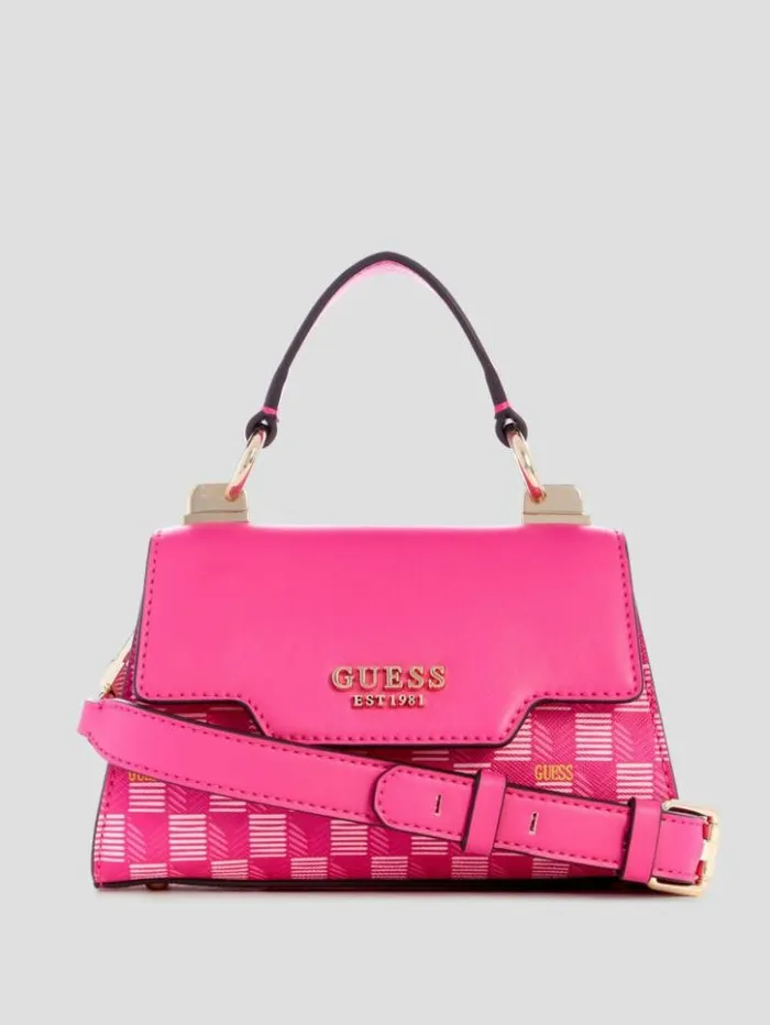 Women GUESS Handbags Hallie Mini FoldOver Flap Bag Fuchsia Logo